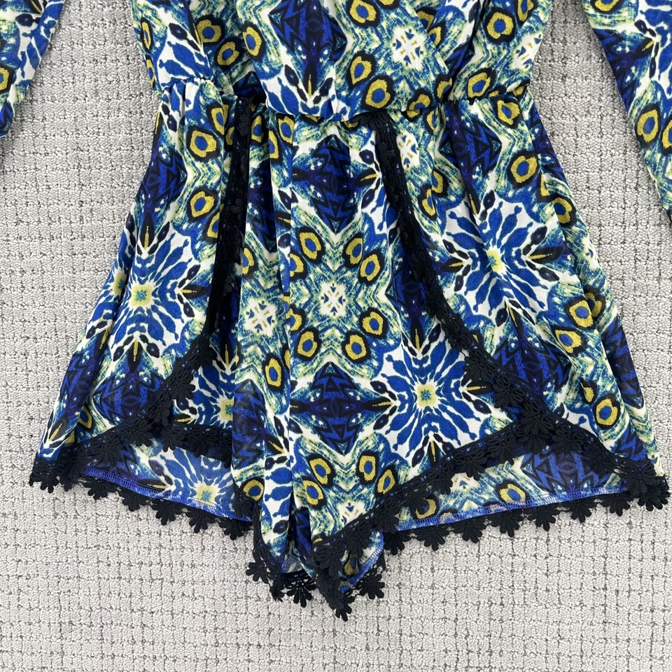 Mameluco ASTR para mujer talla pequeña azul verde manga larga batik encaje ribete cuello en V Foto 4 de 4