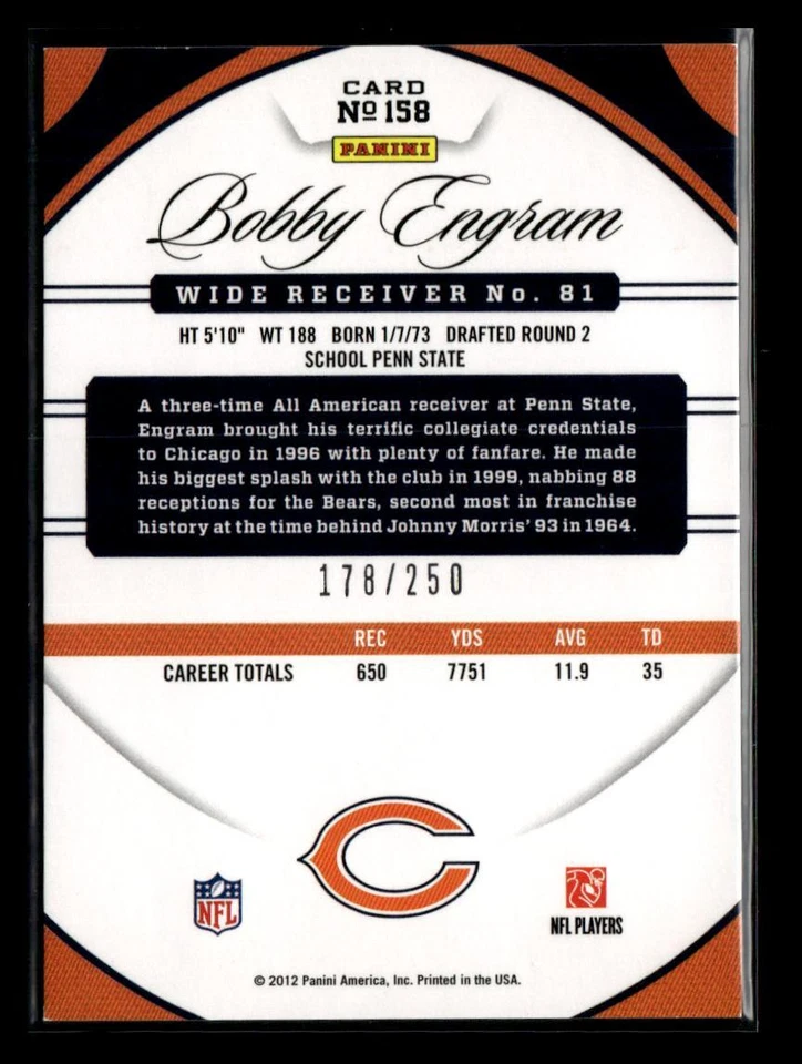 2012 Panini Certified #158 Bobby Engram Mirror Red #/250 - Image 2 of 2