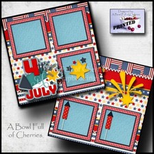 4th OF JULY 2 premade scrapbook pages paper 12X12 CHERRY FIREWORKS printed 0328