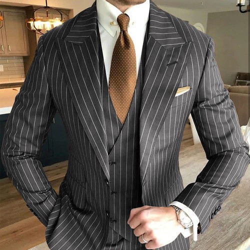 Fashion Men Suits Pin Striped 3 Pieces Wide Peak Lapel Business Wedding Tuxedos - Picture 5 of 18