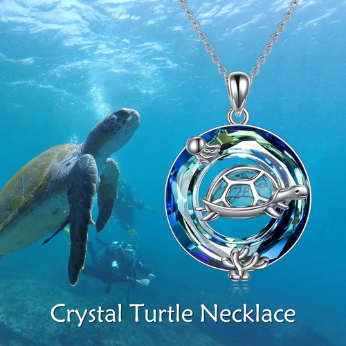 Sea Turtle Circle Crystal Necklace Sterling Silver Pendant Jewelry Gifts Women - Bild 6 von 6