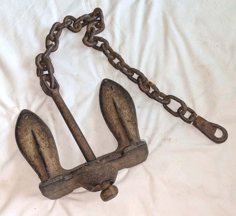 Vintage 15 Lb ATTWOOD ?  Cast Iron BOAT ANCHOR with CHAIN Nice NAUTICAL DISPLAY