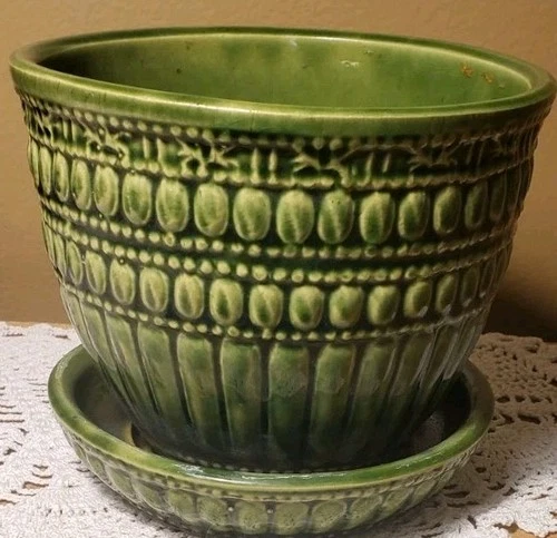 Vintage McCoy Green Pottery Planter w/ Attached Saucer Embossed Textured
