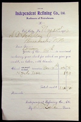 Independent Refining Co. Refiners Of Petroleum Oil Products Letterhead 1906 PA
