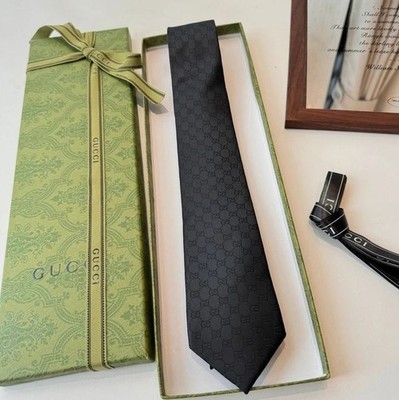 Luxury Italian Silk Tie GG Pattern Black Jacquard Necktie Designer Style NIB