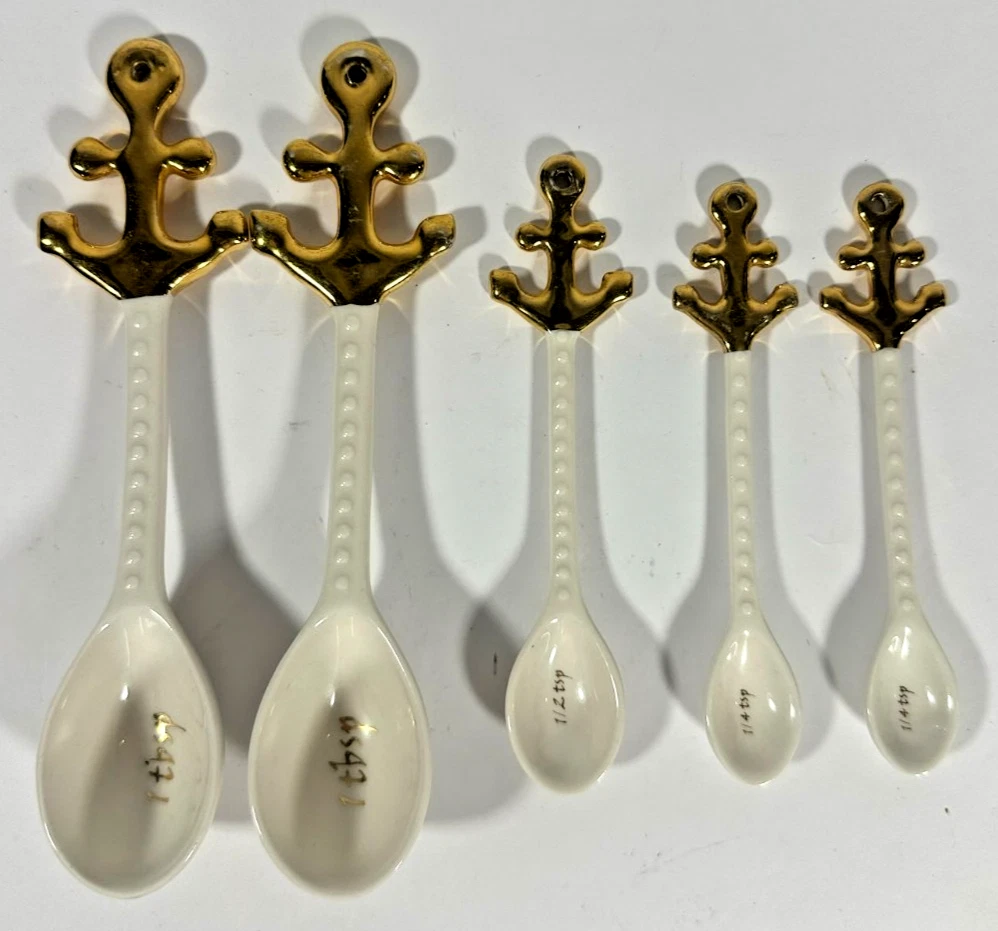 Anthropologie ANCHORED measuring Spoons Nautical Ceramic Cream And Gold