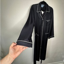 NWT Prada Bleu Black Twill White Trim Long Line Belted Robe Dress 44 / M