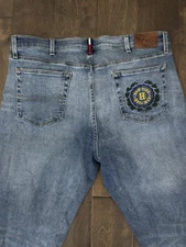 VTG Tommy Hilfiger Skinny Jean Men 40X31 Blue Denim NYC Crest Embroidery Stretch