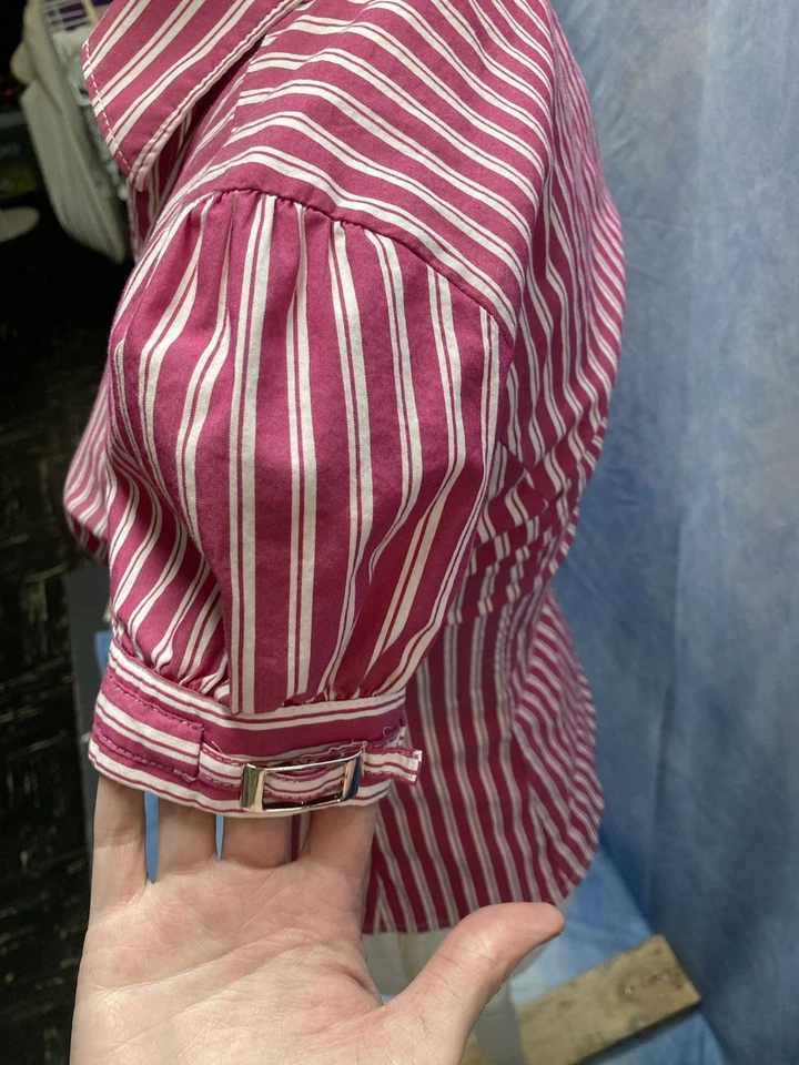 Camisa Express Para Mujer XS Rosa Y Blanco Rayas Abotonada Mangas Cortas Preppy Foto 3 de 4