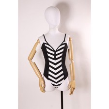 1980s Black White Striped Barbie Style One Piece Swimsuit by Cole of California