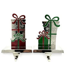 Two Silver Green And Red Metal Christmas Presents Stocking Hangers