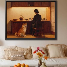 Floral Still Life Dog Art Canvas Print Shiba Inu Oil Painting Kitchen Decor