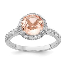 Sterling Silver 100 Facet Simulated Morganite and White CZ Halo Ring Sz 7