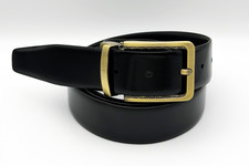Marco Valentino Solid Black Leather Men's Belt with Brushed Gold Buckle