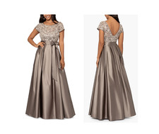 Xscape Embroidered Sequined Ball Gown Taupe Silver Formal Dress Size 6 NWT