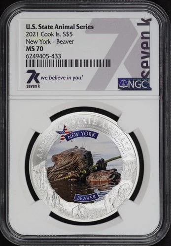 2021 Cook Islands $5 Silver US State New York Beaver NGC MS-70 seven k Label