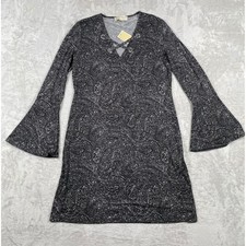 MICHAEL KORS Black Paisley Print Bell Sleeve V-Neck Dress Size L MSRP $125