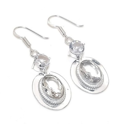 White Topaz Gemstone Handmade 925 Sterling Silver Jewelry Earrings Size 2''