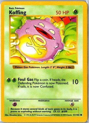 Pokemon Card - Koffing Base Set Shadowless 51/102 1999 Common Lightly Played