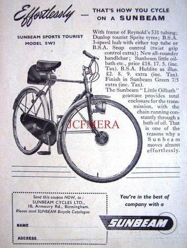 SUNBEAM "Sporttourist Model SW3" Fahrradwerbung: Kleindruck 1950