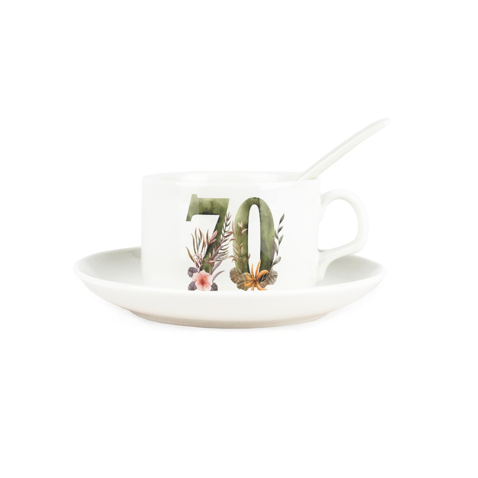 Floral Age 70 Cup & Saucer Set with Spoon - Porcelain 70th Birthday Gifts