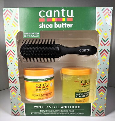 Cantu Shea Butter Winter Style & Hold Gift Set Curling Cream Styling Gel Brush