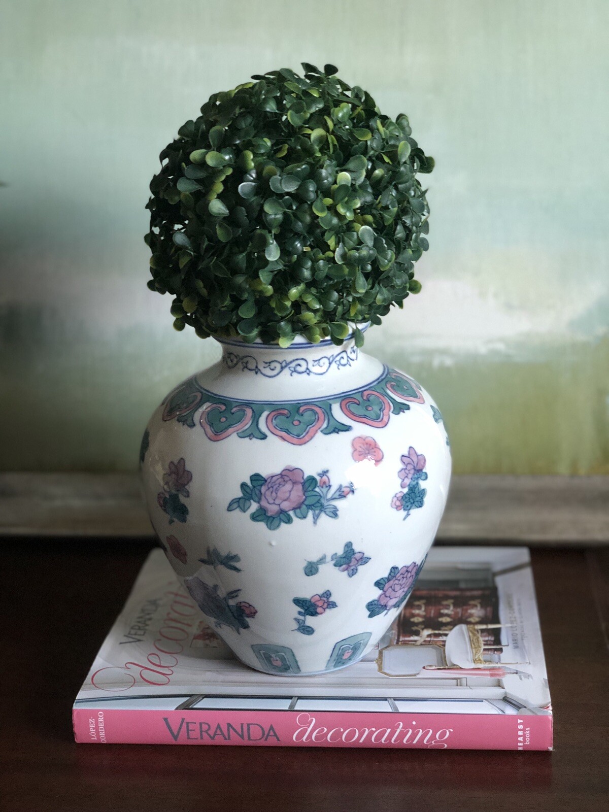 Chinoiserie Asian Style Vase Vintage White Blue Green Pink Grandmillenial 9”