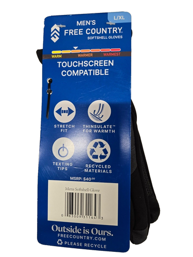Free Country Men's Touchscreen Compatible Insulated Softshell Black Glove L/XL - Picture 3 of 3