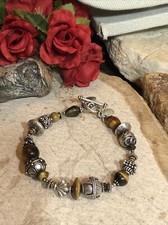 9. TRES JOLIE Sterling 925 Decorative Spacers Tigers Eye Beaded Bracelet 7