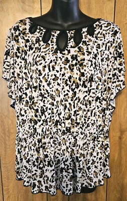 Cato Womens Blouse Sz 22/24W Leopard Top Fancy Neck Elastic Waist Flutter Sleeve