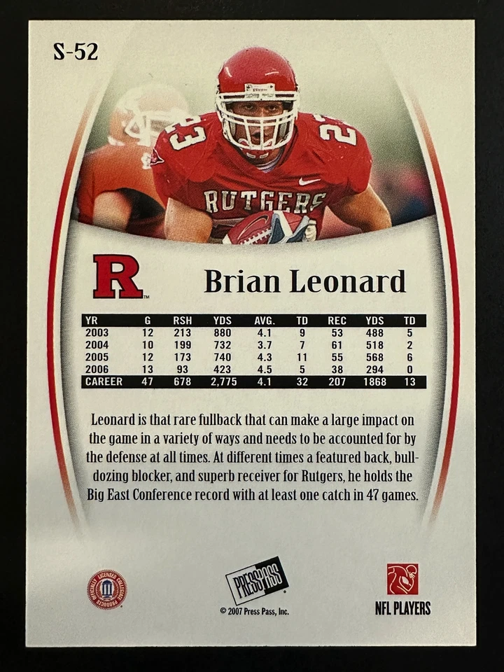 Brian Leonard 2007 Press Pass Legends Silver /499 Rutgers Scarlet Knights #S-52 - Image 2 of 2