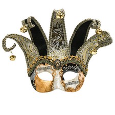 Black Gold Venetian Jester Joker Musical Eye Mask with Bells