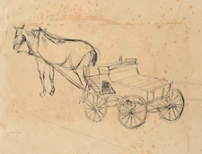 Horse-drawn carriage pen and pen drawing by Rudolf Zender, framed