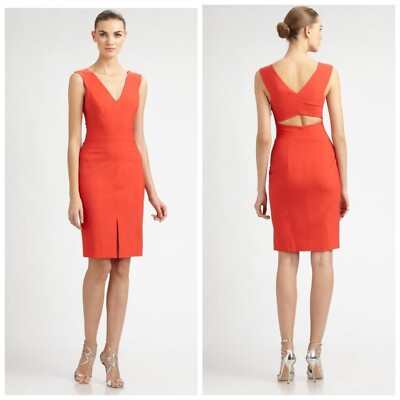 Rachel Roy Cutout Dress FIRE Stretch Wool Sheath V neckline slit Orange  Tropical