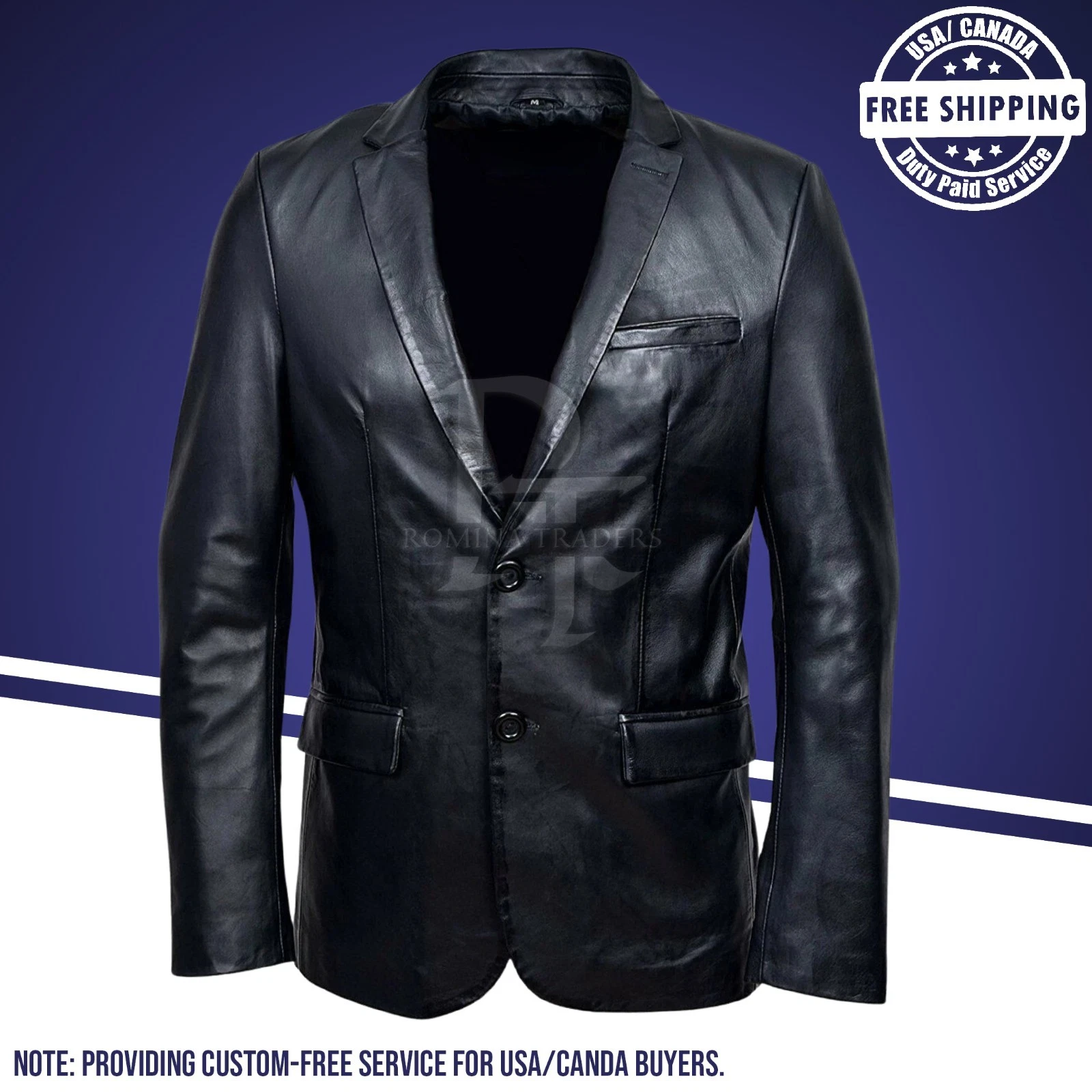 Men's Slim Fit Classic Black Genuine Leather 2 Button Blazer Vintage Jacket
