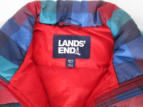 Lands End Down Puffer Vest Womens Medium 10-12 Plaid Red Blue Green Zip Up - Picture 5 of 9