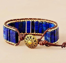 Wide Lapis Lazuli Bead Bracelet - Natural Deep Blue Stone, Boho Unisex Jewelry