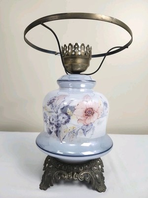 Vintage Opaline Milk Glass Floral Electric Table Lamp Cast Metal Base