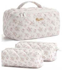 Travel Makeup Bag, 3 Pcs Large Capacity Puffy Toiletry Bag for , Open Flat Ma...