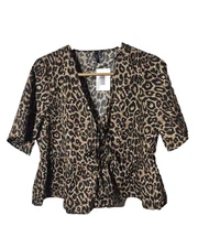 Vero Moda Blouse Womens XL Brown Black Leopard VMLMIRA Tie Peplum Top V-Neck