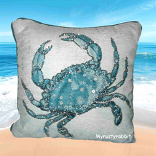 Coastal Collection Blue Crab Throw Pillow - Bead Accents 12x12  New