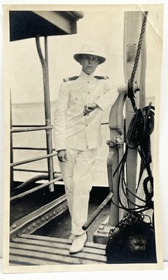 1910s Naval Officer In White Tropical Uniform On Ship Antique Snapshot Photo