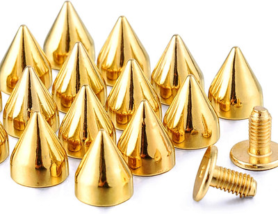 100 Sets 9MM Gold Spikes and Studs Metal Bullet Cone Spikes Screw Back Leather C