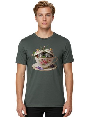 Cat-In-Teacup Mens Graphic Tee, 100% Cotton, Casual Summer Wear