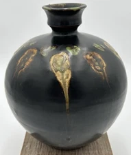 ART POTTERY MCM Thailand Brown Green Earthtones  Drip Glaze 8.5” H  x  7”