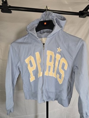 ZARA Girls Hoodie 13-14Y Blue PARIS Graphic Full Zip Cropped Sweatshirt 164
