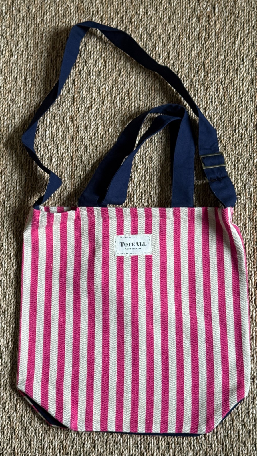 ToteAll Large Tote: Pink Stripe with Navy Blue Cotton