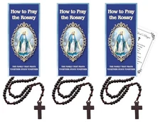 Pray The Rosary Set Pamphlet Wooden Rosary Prayer Card Religious Kit 7 Items