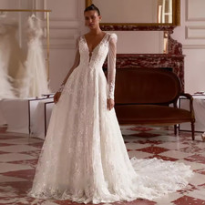 Luxury Wedding Dress for Woman Bride Customized V Neck Long Sleeves Sparkling