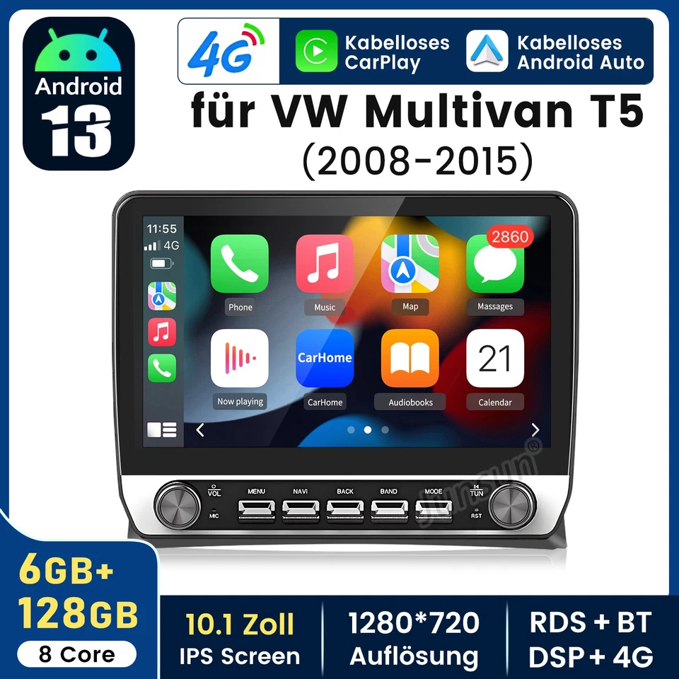Per VW Multivan T5 2008-2015 Autoradio 6+128GB Android 14 Navi Carplay DAB+ DSP